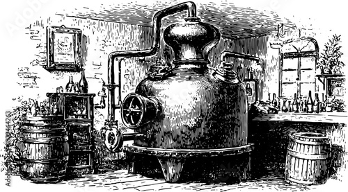 Antique distillation equipment in a detailed black line drawing. Set of vintage elements depicting barrels and bottles, vector illustration.
