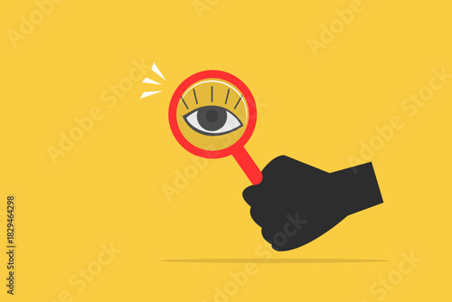 Magnifying glass in hand with eye inside. concept of search, trendy collage elements, investigating, detectives, looking for a solution, looking for an answer