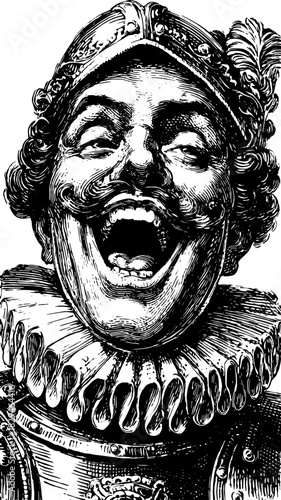 Antique engraving print of a joyful character. Vintage hand-drawn outline vector illustration showcasing cultural references in detailed line art.