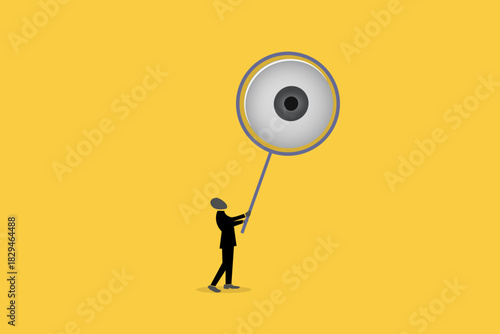 Magnifying glass in hand with eye inside. concept of search, trendy collage elements, investigating, detectives, looking for a solution, looking for an answer