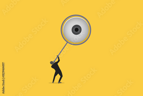 Magnifying glass in hand with eye inside. concept of search, trendy collage elements, investigating, detectives, looking for a solution, looking for an answer