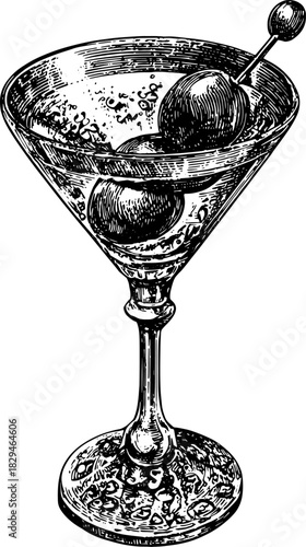 Vintage martini glass illustration with olives. Engraving style vector set in monochrome line drawing.