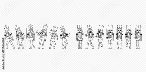 Line art illustration of various nutcracker soldiers in different poses, featuring both traditional and stylized toy figures in black and white outline.