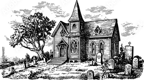 Vintage house in a cemetery scene with tombstones and a tree. Black and white vector illustration showcasing gothic architecture.