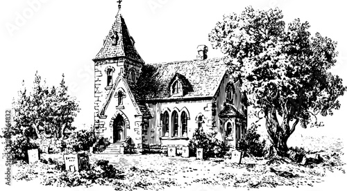 Vintage outline drawing of a church building with detailed architectural features. The black and white vector illustration includes a surrounding landscape with trees and tombstones.