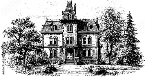 Vintage house outline illustration in black and white. Architectural engraving features elegant details in a classic vector set.