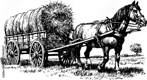 Horse-drawn cart carrying hay in vintage outline style. Black-and-white vector illustration set depicting rural agriculture.