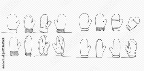 Continuous line drawing of various winter mittens and gloves in a minimalist style.