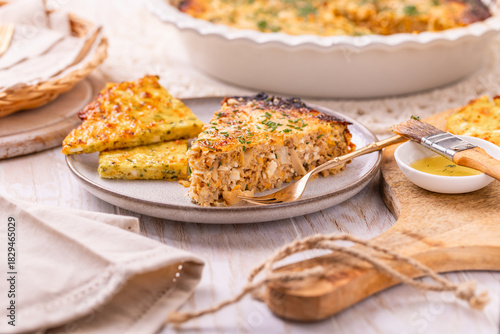 Savory onion and meat pie or tart with cream cheese, gluten free