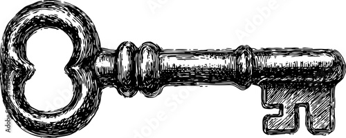 Vintage black and white key illustration in outline style. This detailed artwork serves as a vector illustration suitable for design projects.