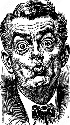 Man's surprised expression with vintage style. Detailed character illustration in black and white vector format.