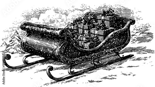 Vintage sleigh with gifts, outlined in black and white. Set features a winter scene for a decorative holiday vector illustration.