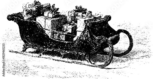 Vintage drawing of a sleigh carrying gifts. Detailed outline vector illustration with a classic holiday theme in black and white.