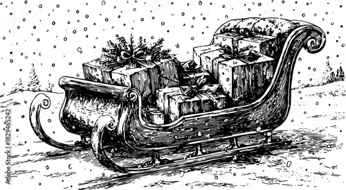 Vintage sleigh filled with decorative packages in a snowy winter scene. Detailed vector illustration captures a classic holiday atmosphere.