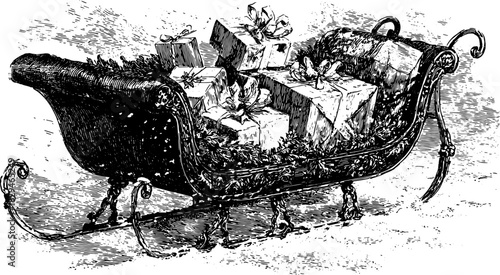 Vintage sleigh set with wrapped gifts and bows. This decorative vector illustration features an engraved style, ideal for holiday themes.
