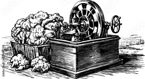 Vintage engraving of a machine and cabbage. This black-and-white illustration features detailed textures in a simple vector format.