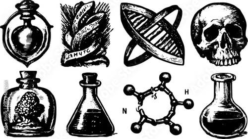 Antique engraving style featuring various elements: skull, flasks, molecules, and DNA strand. A vintage vector illustration in detailed black outline set.