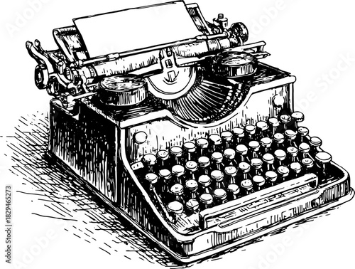 Vintage typewriter drawing in outline style. Black and white vector illustration emphasizes the craftsmanship of this classic writing device.