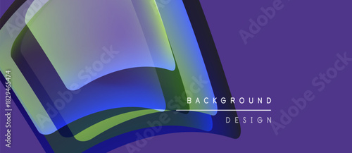 Abstract shapes overlap, creating vibrant color gradients. Purple background enhances dynamic visual composition. Design elements suggest modern aesthetic.