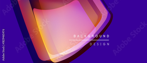 Abstract design features layered shapes, vibrant colors. Purple background contrasts orange, pink hues. Text reads background design. Modern, dynamic visual.