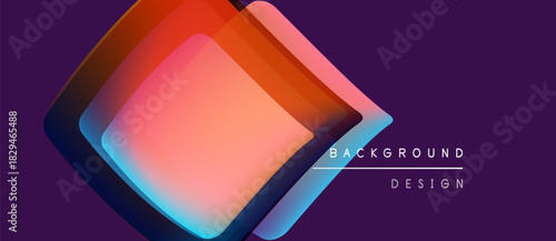 Abstract geometric shapes overlap, creating vibrant color gradients. Purple background complements orange, blue hues. Modern design element.