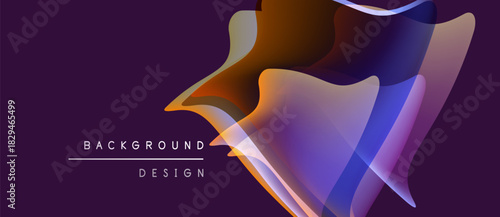Abstract design features flowing shapes, vibrant colors. Purple background complements orange, blue gradients. Modern aesthetic, dynamic composition.