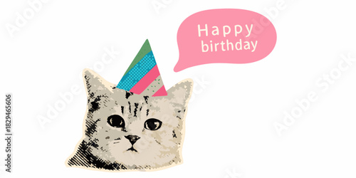 Photography Cute cat wearing a party hat saying happy birthday illustration