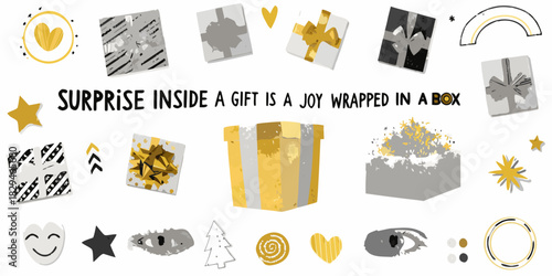 Hand drawn gift boxes and holiday elements illustration