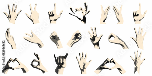 Various hand gestures and signs isolated on white background