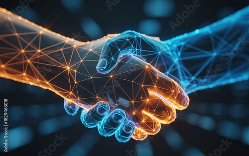 Two glowing digital hands formed by network lines and dots come together in a firm handshake. 