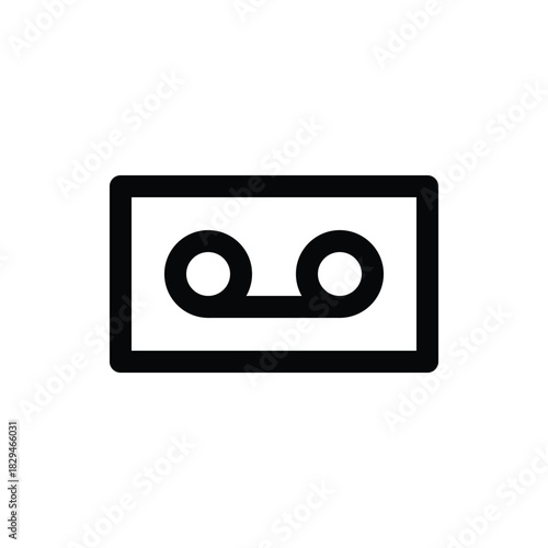 A minimalist line art icon representing an audio cassette tape with two reels. Music and Media single line icon UI design.