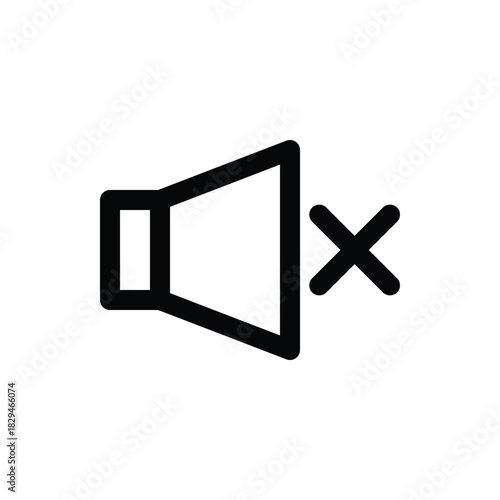 A black and white line drawing of a speaker icon with a cross, indicating mute or silent mode. Music and Media single line icon UI design.
