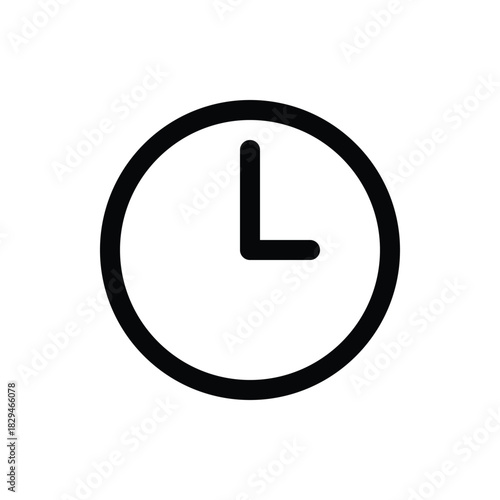 A minimalist black and white icon of a clock face with hour and minute hands indicating 3 oclock. The design is clean and modern. Music and Media single line icon UI design.