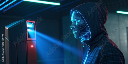 Futuristic Hooded Person with Digital Face Scan