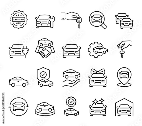 Car dealer, automobile and vehicle industry related editable stroke outline icons set isolated. pixel perfect. vector illustration eps file