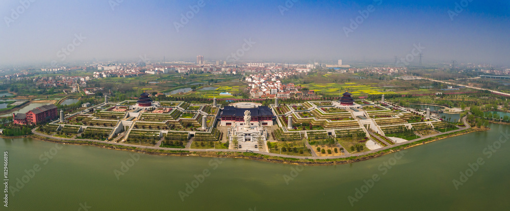 Fototapeta premium Classical Mausoleum Complex Aerial Panorama with Symmetrical Gardens