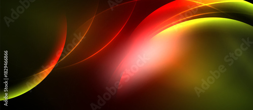 Abstract design features flowing curves, vibrant colors. Red, yellow, green blend into dark background. Dynamic composition creates energy.