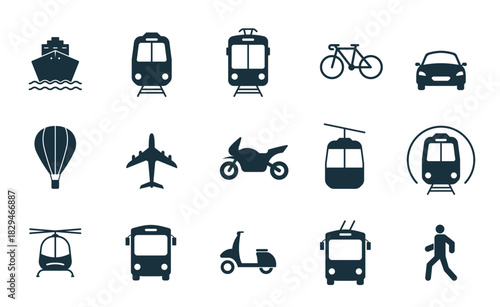 Vehicle, Air, Railway, Bike, Motorcycle Transport Silhouette Icon Set. Car, Bus, Tram, Train, Metro, Plane and Ship Glyph Symbol. Public Transport Stop Station Sign. Isolated Vector Illustration.