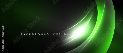 Dark background features vibrant green curves. Light glows between layers creating dynamic visual effect. Text reads background design.