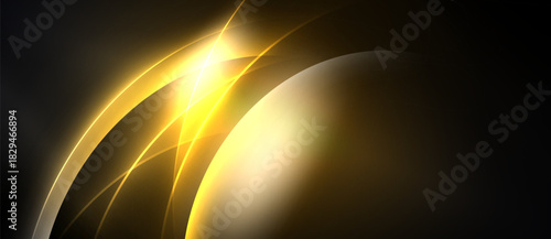 Abstract golden light curves radiate from bright center. Dark background emphasizes luminous shapes, creating dynamic visual effect.