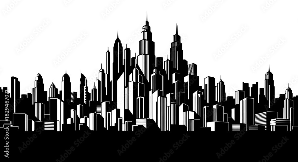Obraz premium Black and White Cityscape Silhouette with Skyscrapers and Modern Architecture