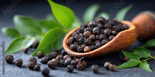 Fototapeta Naklejka Na Ścianę i Meble -  Harvesting black peppercorns exploring the essence of herb cultivation in verdant spice gardens close-up imagery of freshly gathered pepper