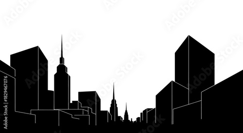 Black and White Silhouette of a Modern City Skyline with Buildings