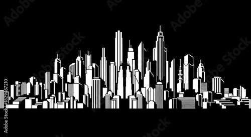 White Silhouette of Modern City Skyline Against Black Background