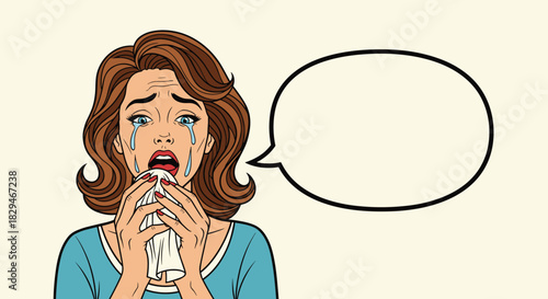 Sad woman crying with a tissue and an empty speech bubble in a retro comic book style.