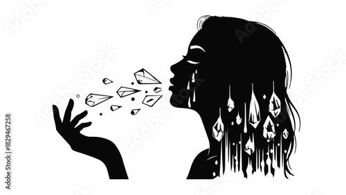 Woman blowing delicate crystals, symbolizing dreams taking flight and a touch of magic.