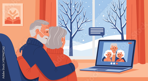 Elderly couple video calling family on a laptop during a snowy winter day.