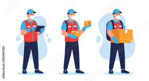 Delivery person in protective gear handling packages and a tablet.