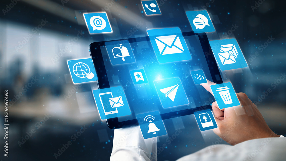 Obraz premium Email icons show digital communication, email service, and inbox management. Email supports online messaging, email notification, and secure exchange. Gist