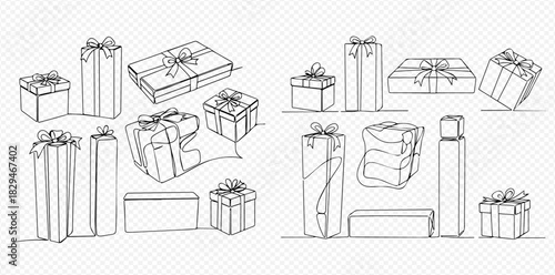 Continuous line art drawing of various gift boxes with ribbons and bows.